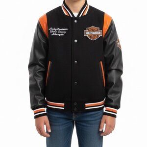 Harley-Davidson Boys Black & Orange Wool/Leather Bomber Jacket Size Unknown